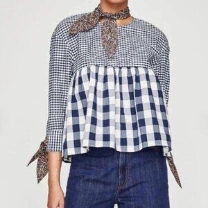 ZARA Blue Gingham Babydoll Blouse Floral Neck Tie Back Buttons Women's Large